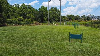 A swing set in a grassy area with trees in the background